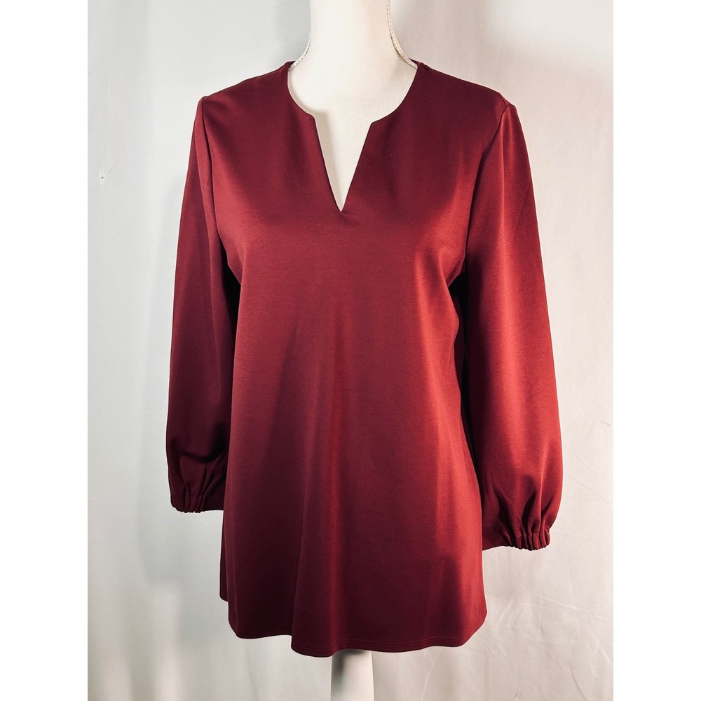 Chicos‎ Burgundy Red Notched V-Neck Tunic Top Elastic Cuff Size 1 Medium